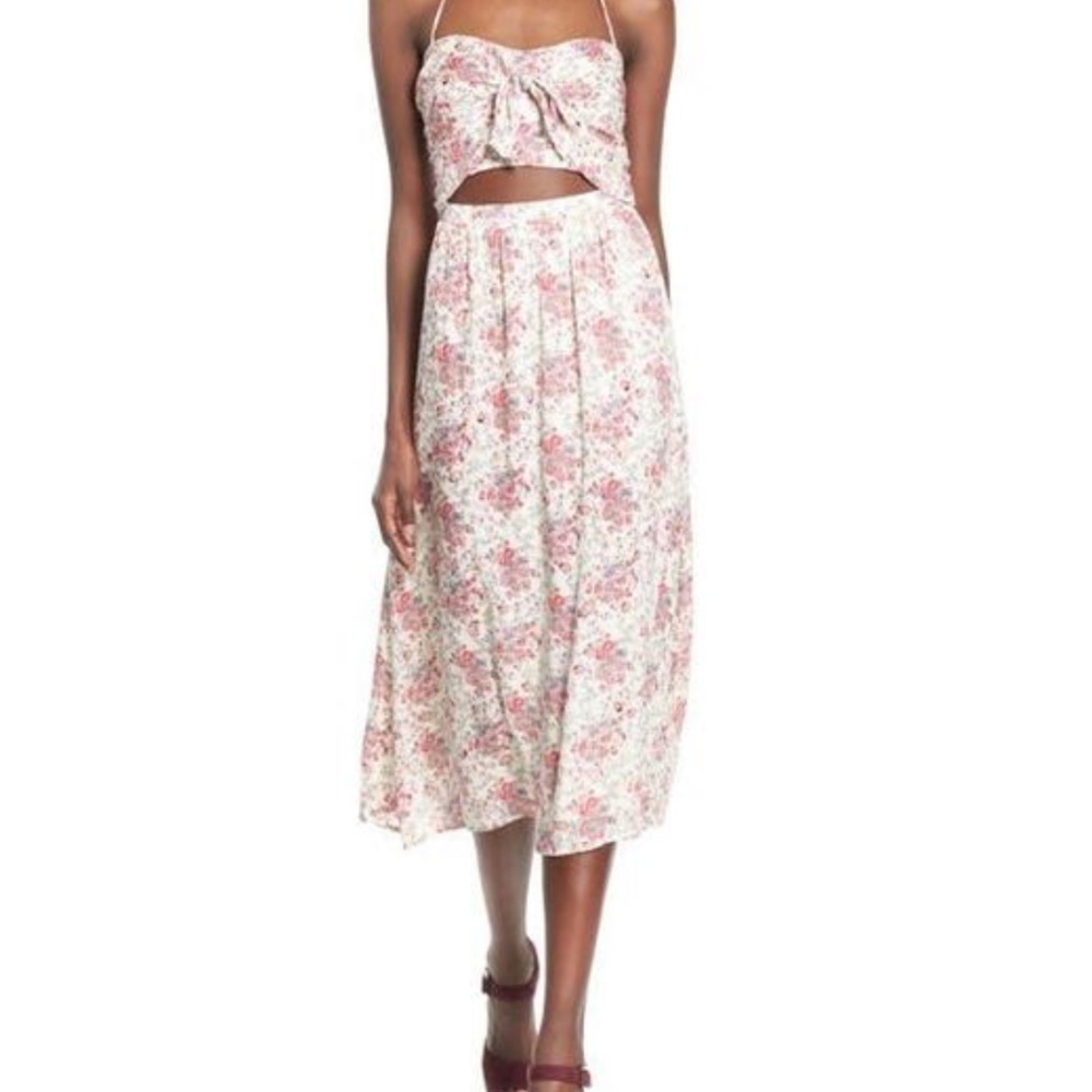 WAYF Dress Halter Top Midi Length Cut Out Abdomen Pink White Floral Tie Neck